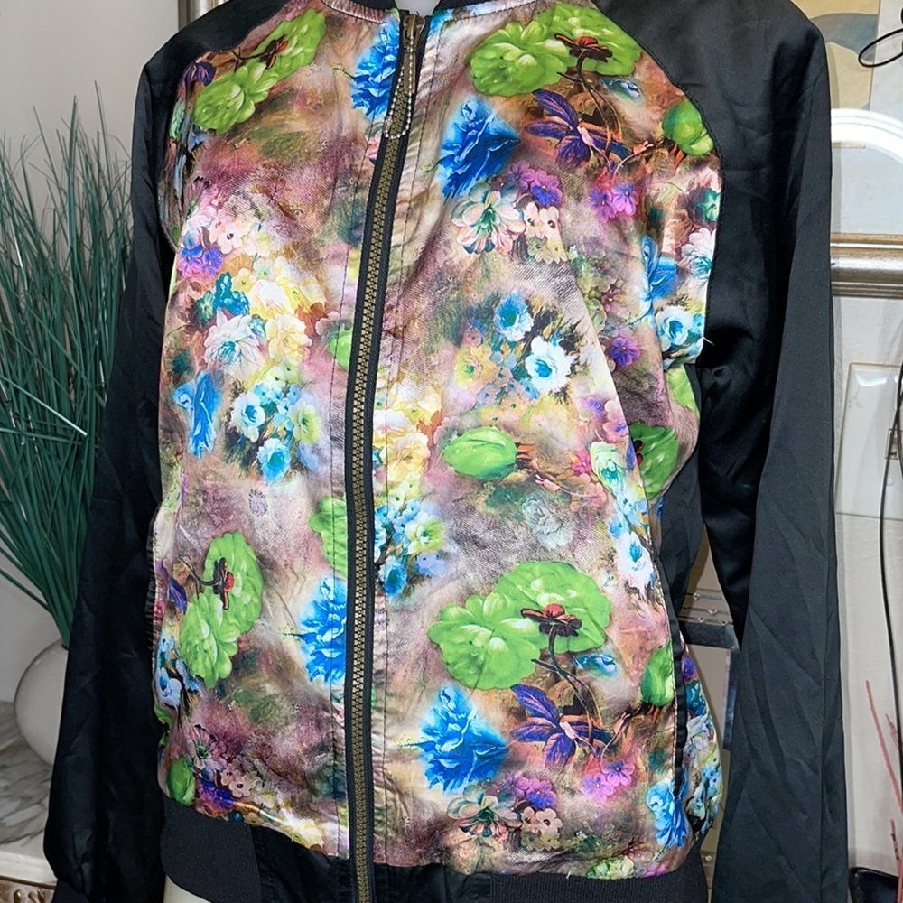 Yoki New York Floral Graphic Print Satin Full Zip Bomber Jacket Black XL